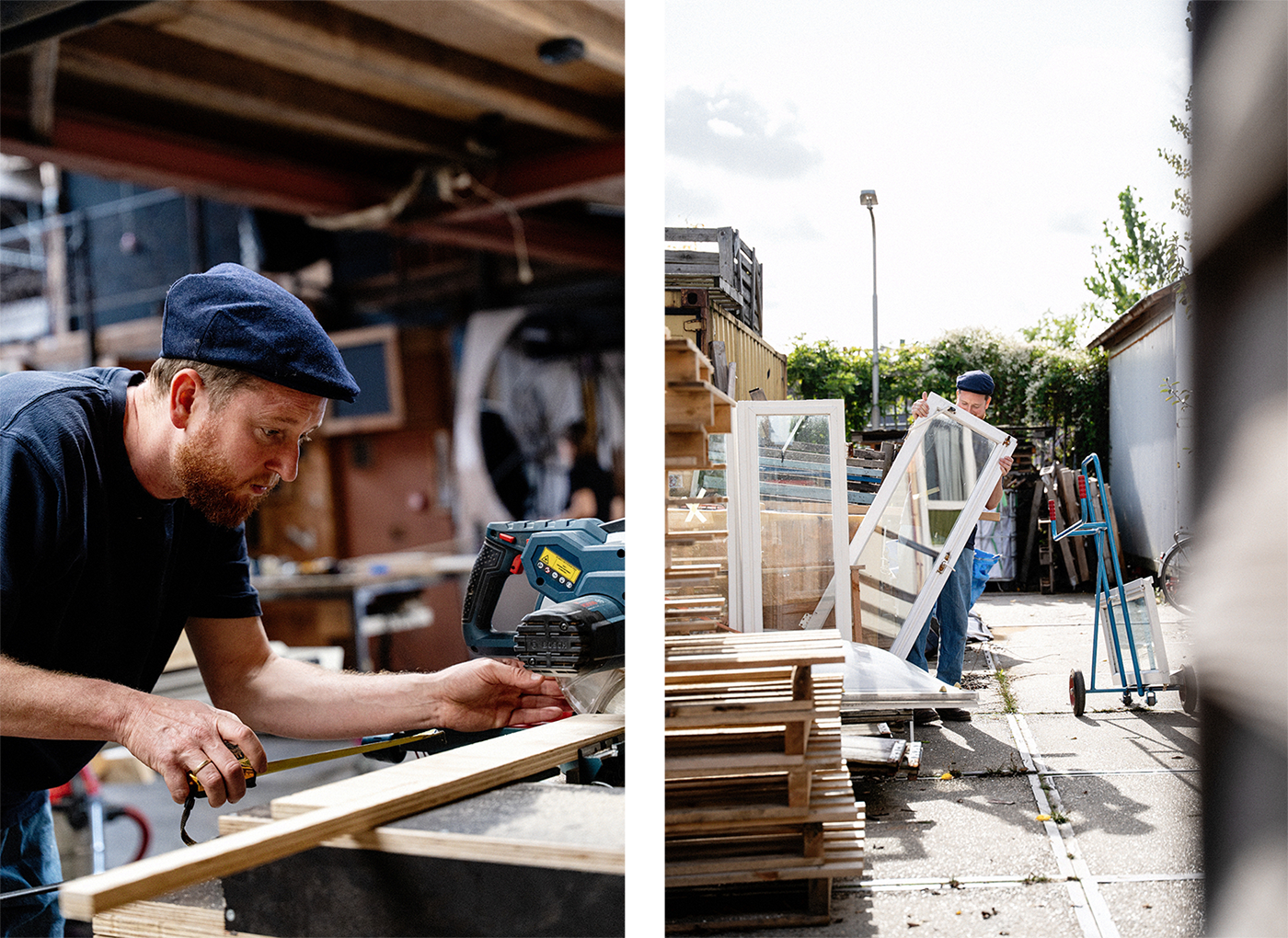 Two photos: In the first photo, you can see Jonathan in a woodworking shop, where he is measuring a piece of wood. In the second photo, Jonathan is standing outside holding a glass door. Next to him is a huge stack of wood.